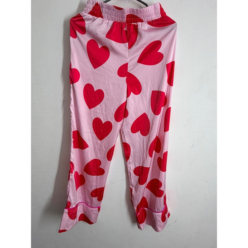 Pink Red Heart Print Satin Pajama Pants Small Elastic Waist Loungewear Sleepwear